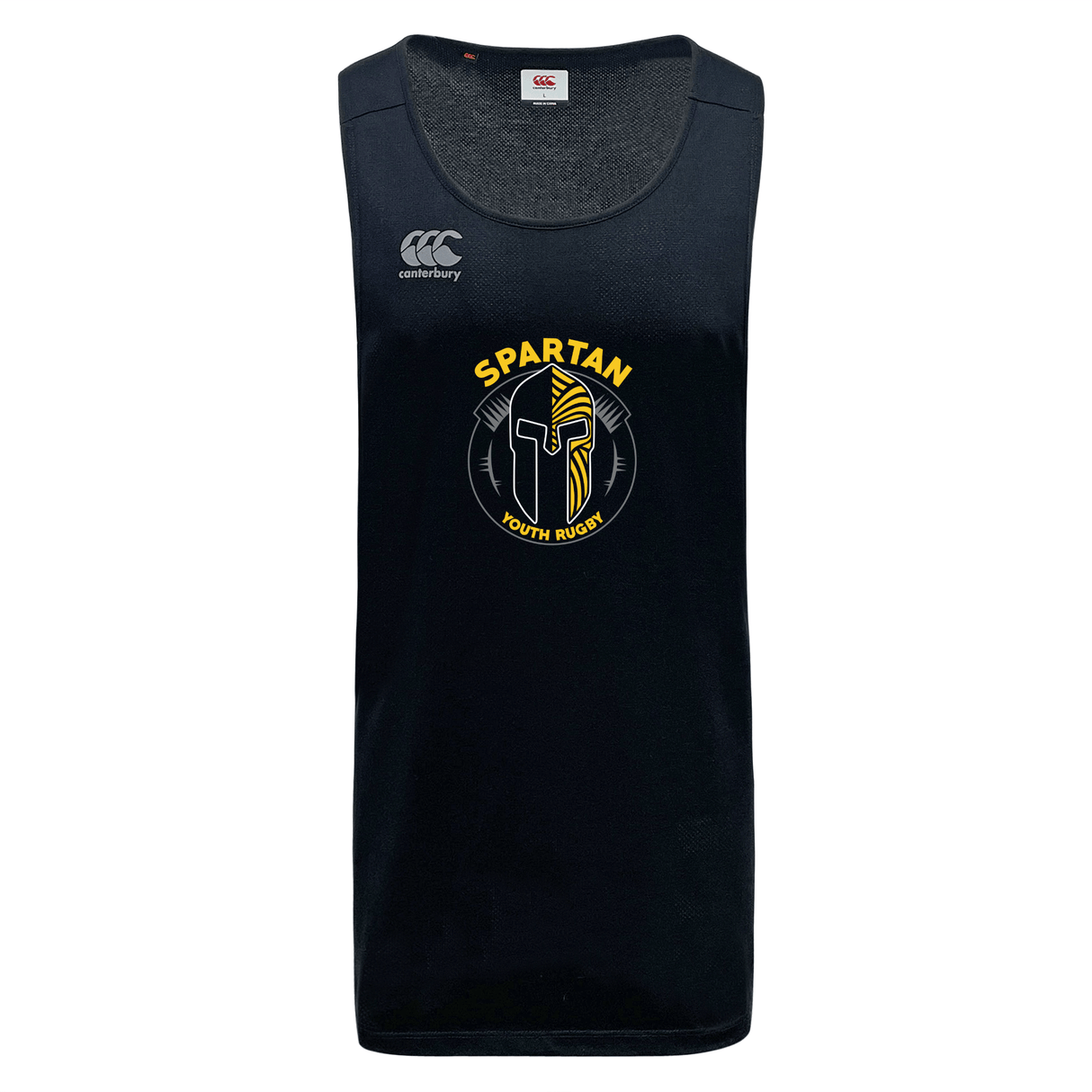 The Spartan Youth Rugby Tempo Vapodri Singlet by WRS Canterbury is a black sleeveless jersey made from recycled polyester, featuring a white Canterbury logo and a yellow "Spartan Youth Rugby" helmet emblem on the front.