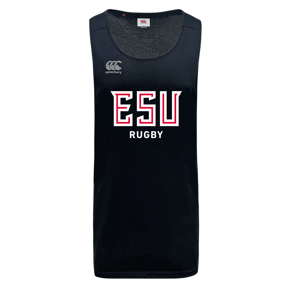 East Stroudsburg University Tempo Vapodri Singlet by WRS Canterbury—black, sleeveless, made from recycled polyester with “ESU RUGBY” chest print and Canterbury logo. Ideal as a workout tank.