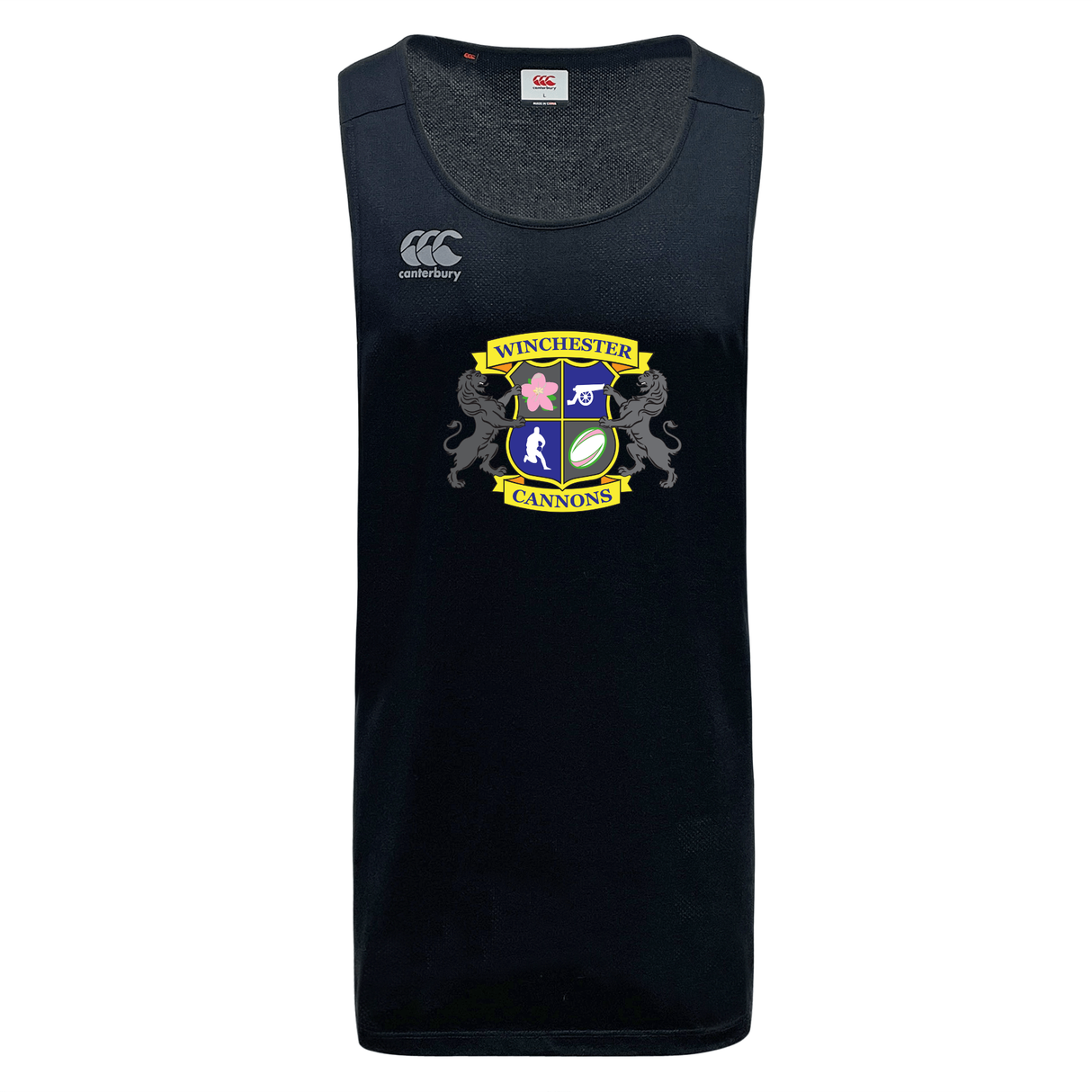 The Winchester Cannons Tempo Vapodri Singlet by WRS Canterbury is a black moisture-wicking running top with the "Winchester Cannons" crest, featuring shield, ribbon, and lion graphics on the front.
