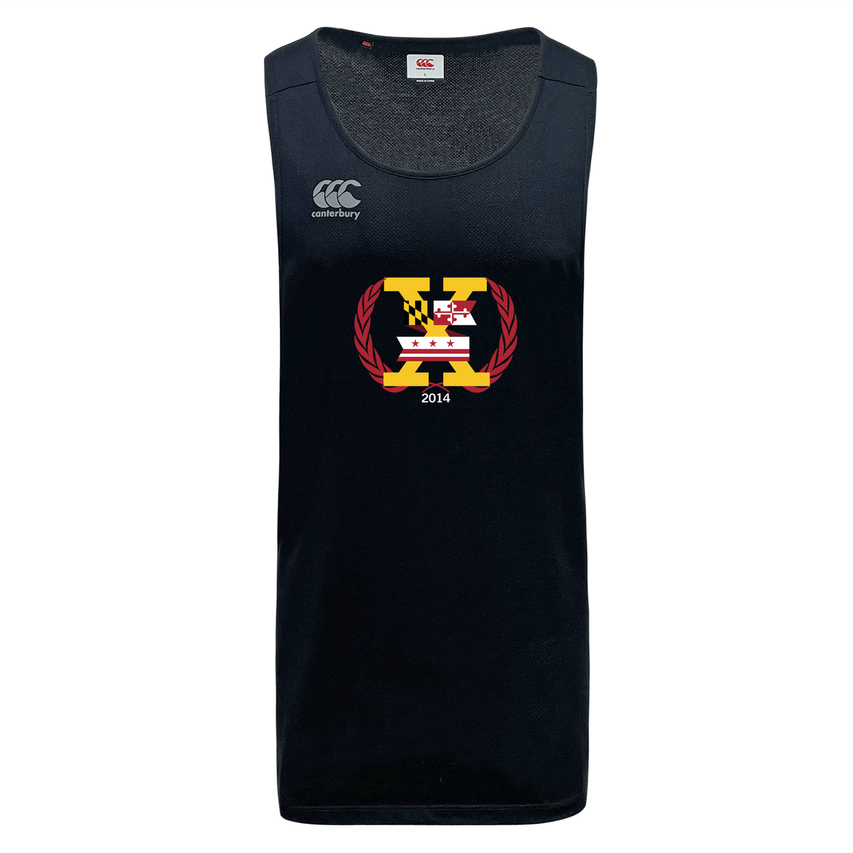 The Potomac Exiles Rugby Club Tempo Vapodri Singlet by Canterbury is a navy blue sleeveless athletic shirt made from recycled polyester, designed as a CCC Tempo Singlet by WRS Canterbury. It features a front crest with the letter X, Maryland flag elements, and "2014.