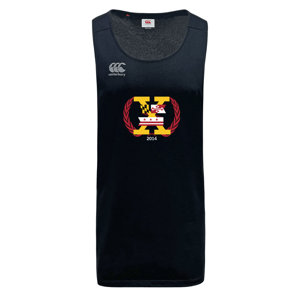 The Potomac Exiles Rugby Club Tempo Vapodri Singlet by Canterbury is a navy blue sleeveless athletic shirt made from recycled polyester, designed as a CCC Tempo Singlet by WRS Canterbury. It features a front crest with the letter X, Maryland flag elements, and "2014.