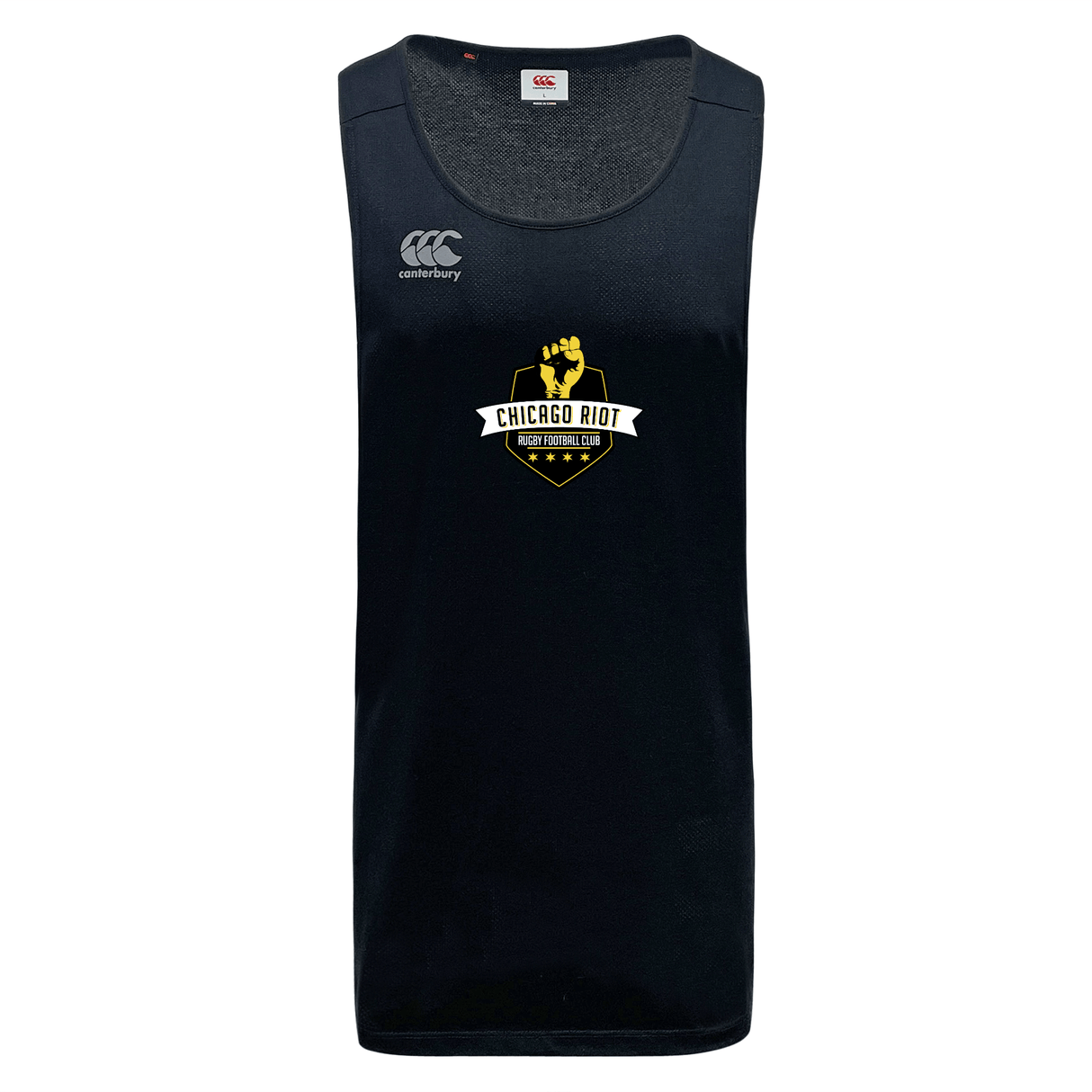 The Chicago Riot Tempo Vapodri Singlet by WRS Canterbury is a black sleeveless athletic jersey with VapoDri technology, featuring the Canterbury logo on the right chest and a gold Chicago Riot Rugby crest on the front.