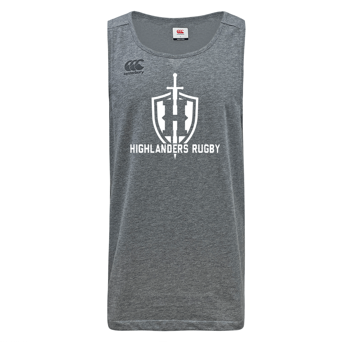 Gray Highlanders Rugby NC Tempo Vapodri Singlet by WRS Canterbury with "Highlanders Rugby" text and a sword and shield logo on the front. Made from recycled polyester, this singlet incorporates VapoDri technology to keep you cool and comfortable.