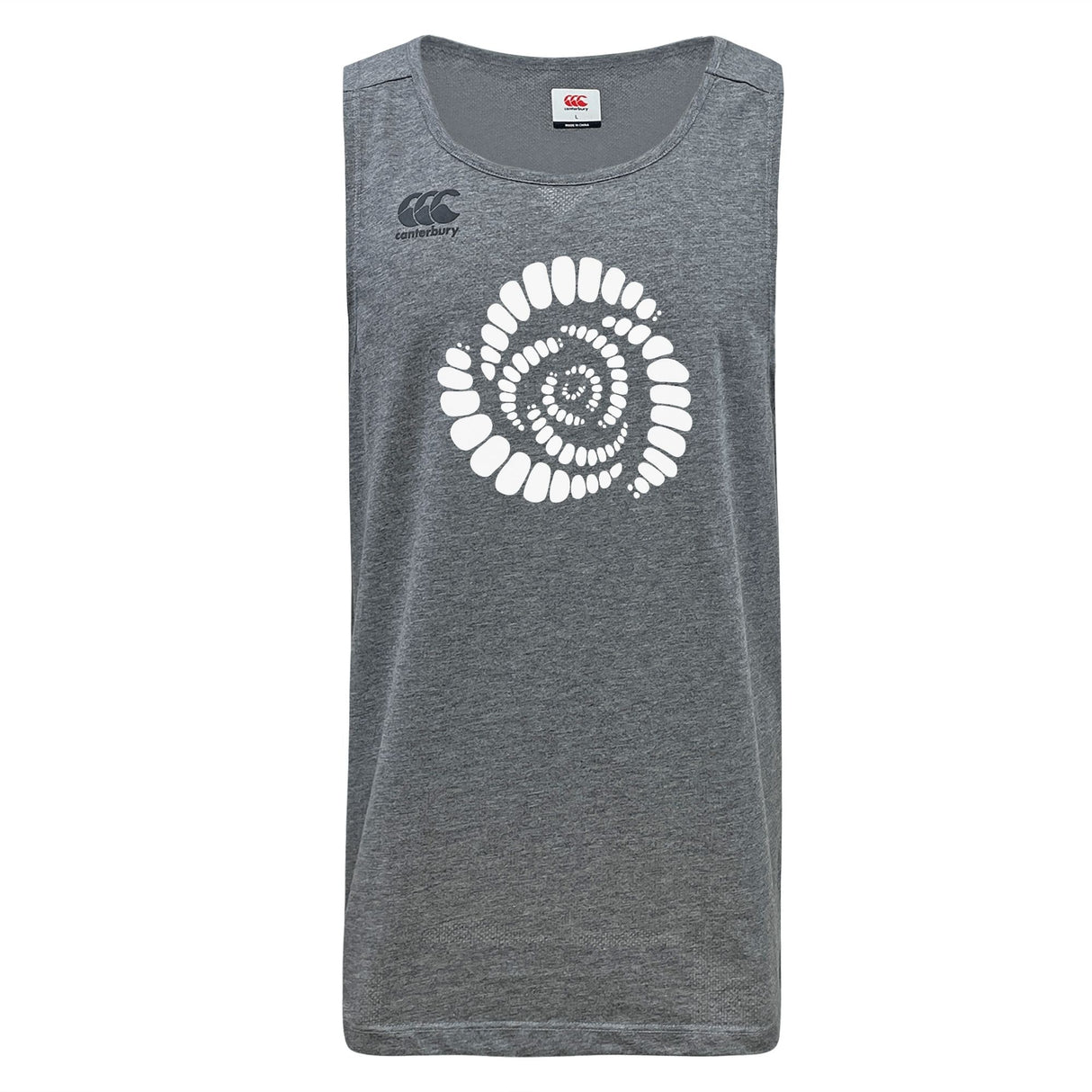 The Missoula All-Maggots Tempo Vapodri Singlet by Canterbury is a gray sleeveless top with a white spiral design on the chest and a small Canterbury logo on the upper left, made from recycled polyester singlet material and featuring moisture-wicking VapoDri technology for enhanced comfort.