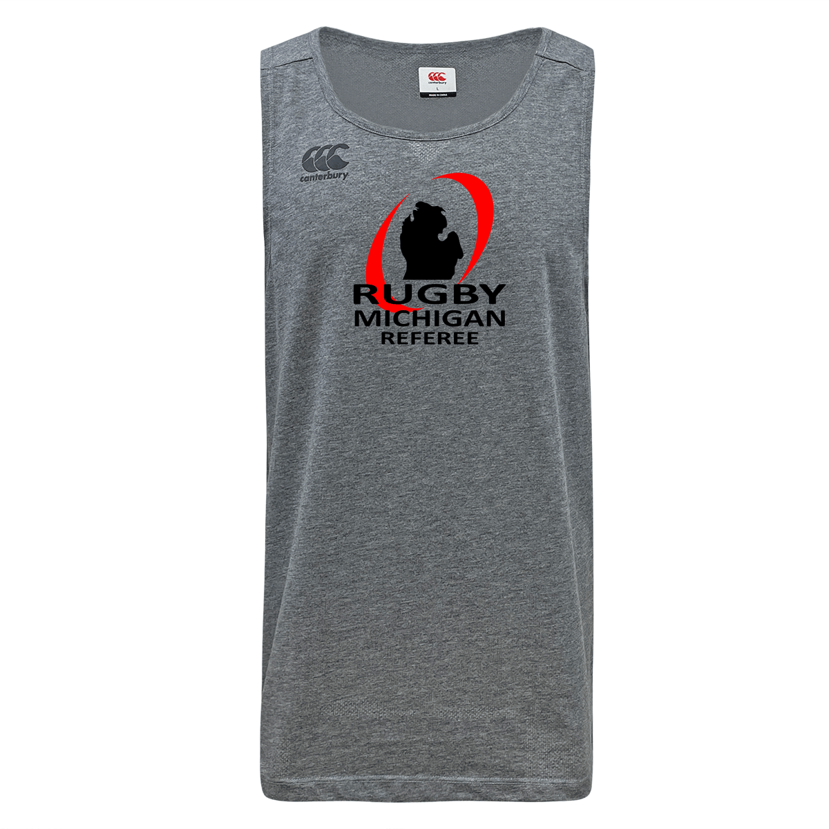 The Rugby Michigan Referee Society Tempo Vapodri Singlet by WRS Canterbury is a gray tank top made from recycled polyester. It showcases the "Rugby Michigan Referee" text and a silhouette logo in black and red. Featuring moisture-wicking VapoDri technology, it ensures you stay cool and comfortable both on or off the field.