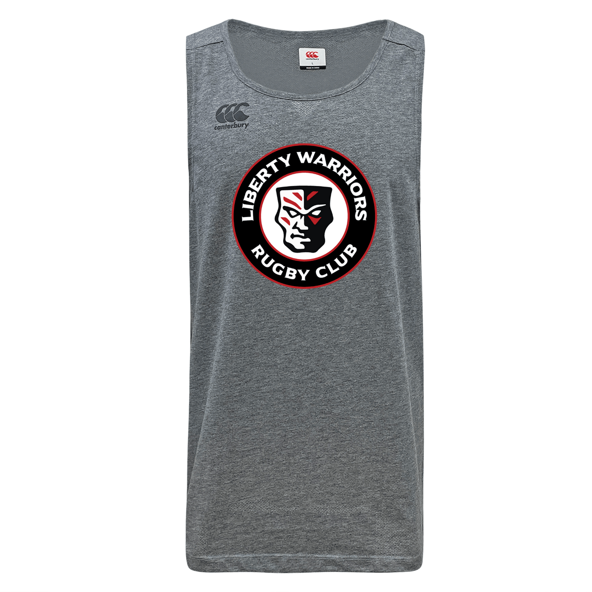 The "Liberty Lake Warriors Tempo Vapodri Singlet" by WRS Canterbury is a gray sleeveless shirt made from recycled polyester, showcasing the "Liberty Warriors Rugby Club" logo with a stylized face in the center. With VapoDri technology, it offers optimal comfort and style.