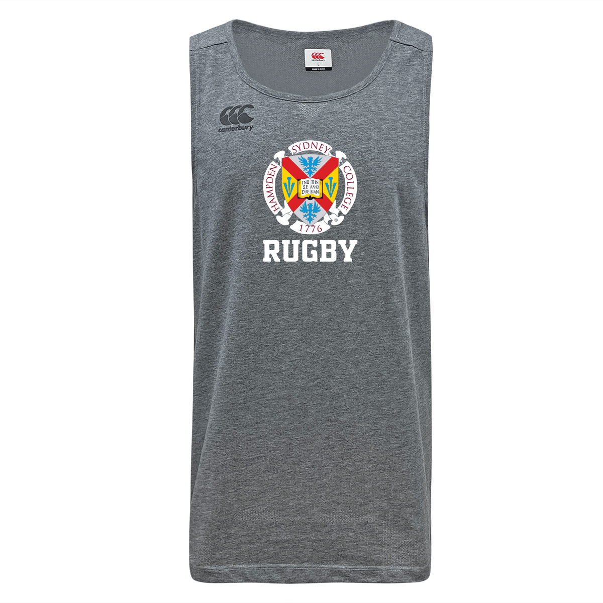 The WRS Canterbury Hampden Sydney College Tempo VapoDri Singlet is a gray tank top showcasing the Canterbury logo, Hampden-Sydney College crest, "1776," and "RUGBY" on the front. Made from recycled polyester and infused with VapoDri technology for peak performance.