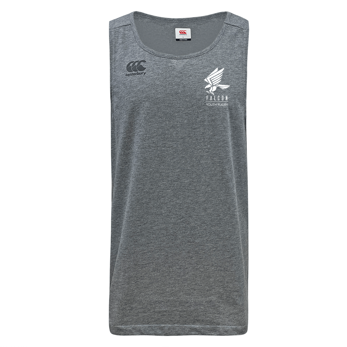 The Falcon Youth Rugby Embroidered Tempo Vapodri Singlet by EMB Canterbury is a gray recycled polyester sleeveless shirt. It features VapoDri technology, "FALCON" and a logo on the right chest, a small emblem on the left shoulder, and Canterbury branding for an authentic athletic look.