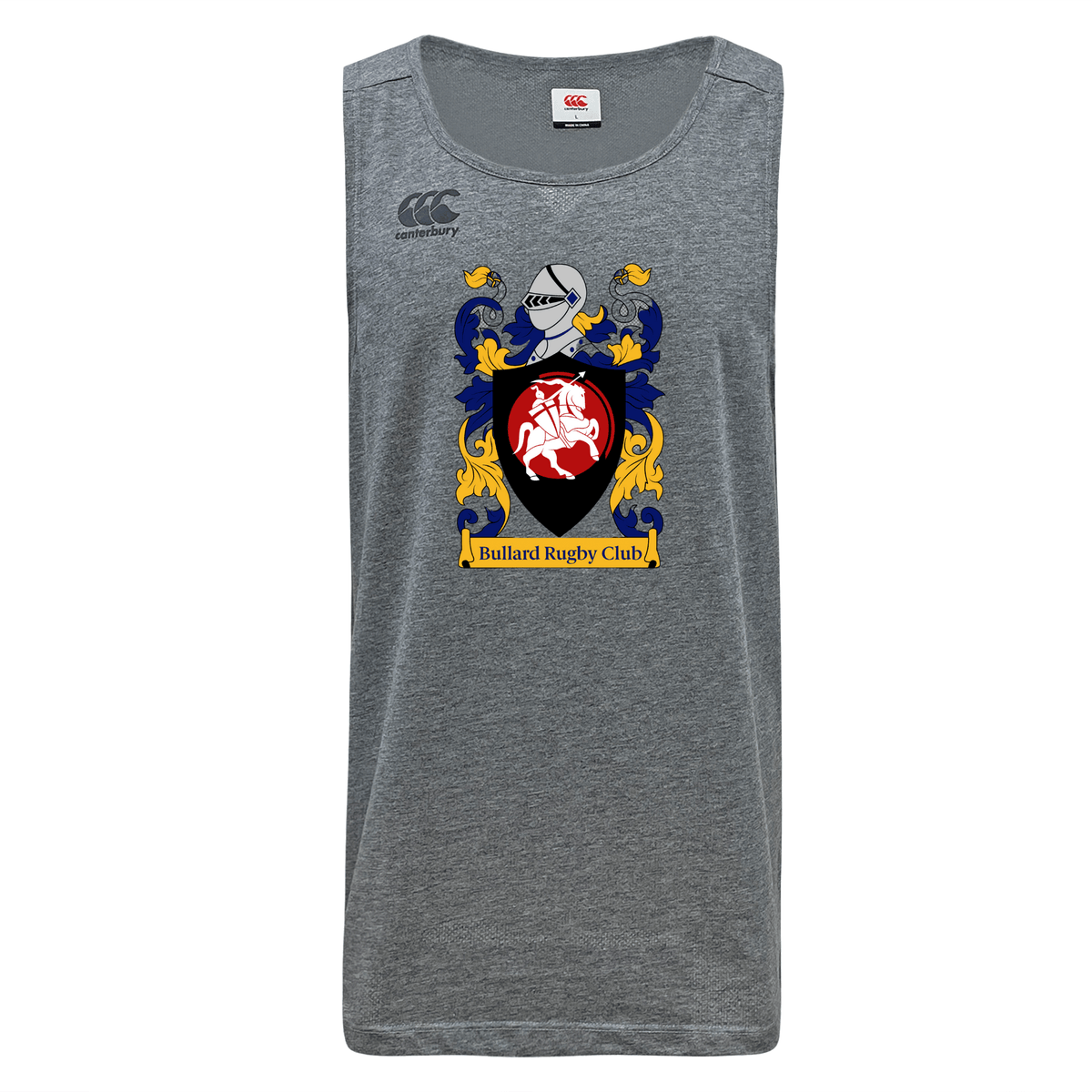 The CenCal Youth Bullard Tempo Vapodri Singlet by Canterbury, offered by WRS Canterbury, is a gray sleeveless shirt made from recycled polyester. It features a colorful coat of arms with a red lion and blue and gold floral designs, accompanied by the text "Bullard Rugby Club." This singlet is enhanced with VapoDri technology for superior comfort.