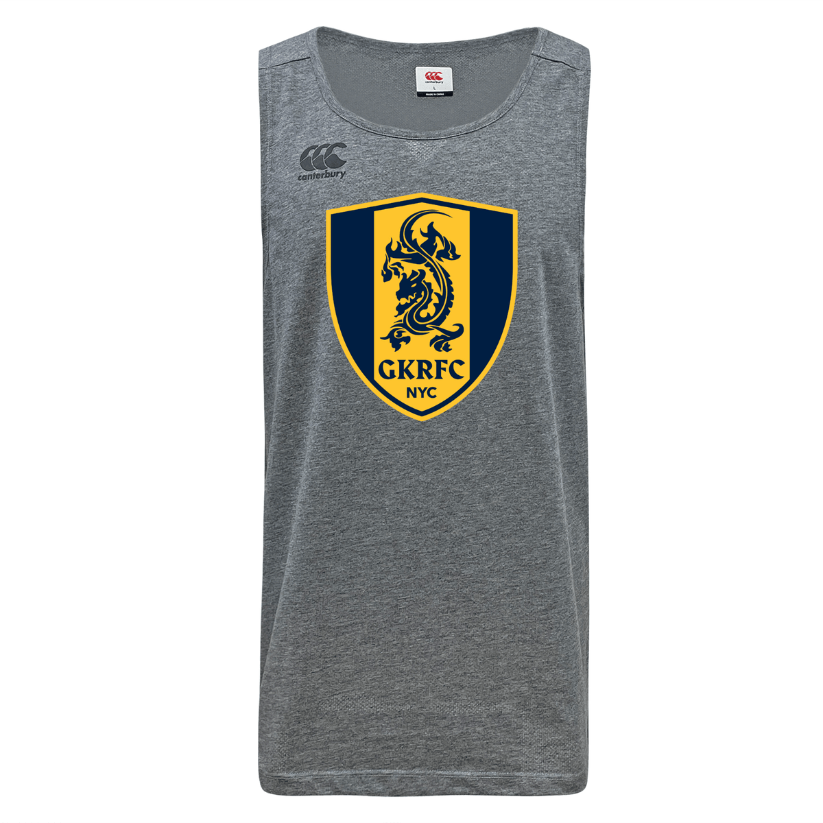 The Gotham Knights Tempo Vapodri Singlet by Canterbury from WRS Canterbury is a gray sleeveless shirt featuring a yellow and blue crest with a lion and the "GKRFC NYC" text. It includes Canterbury branding in the top left corner and is made from recycled polyester, incorporating VapoDri technology for enhanced performance and comfort.