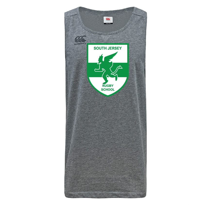 Introducing the South Jersey Rugby School Tempo Vapodri Singlet by WRS Canterbury, a gray sleeveless sports top made from recycled polyester. It features a green and white emblem of "South Jersey Rugby School" with a Pegasus, and is enhanced with VapoDri technology for optimal performance.