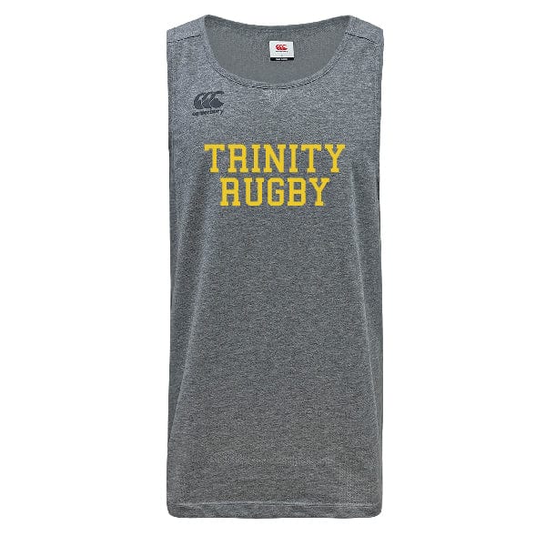 The Trinity College Tempo Vapodri Singlet by Canterbury, from WRS Canterbury, is a gray sleeveless shirt made from 100% recycled polyester. It features "TRINITY RUGBY" in yellow text on the front and a logo on the left shoulder. Enhanced with VapoDri technology for moisture-wicking comfort.