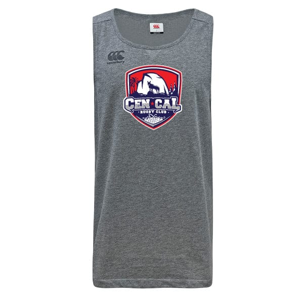 The CenCal Rugby Tempo Vapodri Singlet by WRS Canterbury is a gray, sleeveless athletic shirt made from recycled polyester with a red, white, and blue "Cen Cal Rugby Club" logo and VapoDri tech for cool comfort.