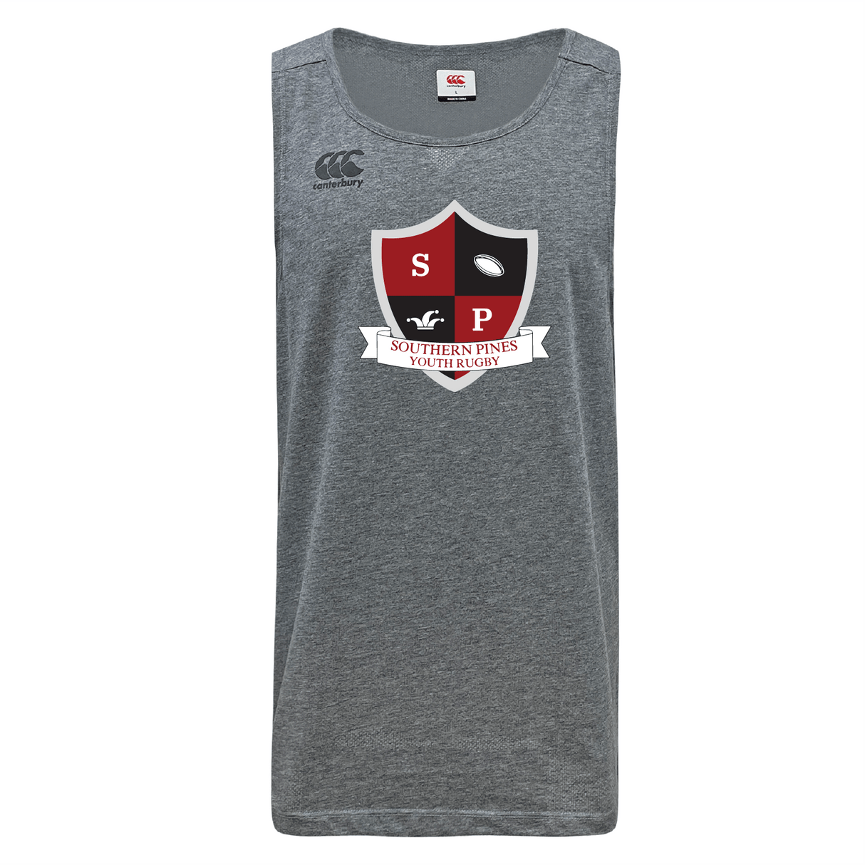 The Southern Pines Youth Rugby Tempo Vapodri Singlet by WRS Canterbury is a gray tank top made from recycled polyester, featuring the "Southern Pines Youth Rugby" crest with a shield, red and black sections, letters "S" and "P," a ram, and a ball. Experience comfort with advanced VapoDri technology.