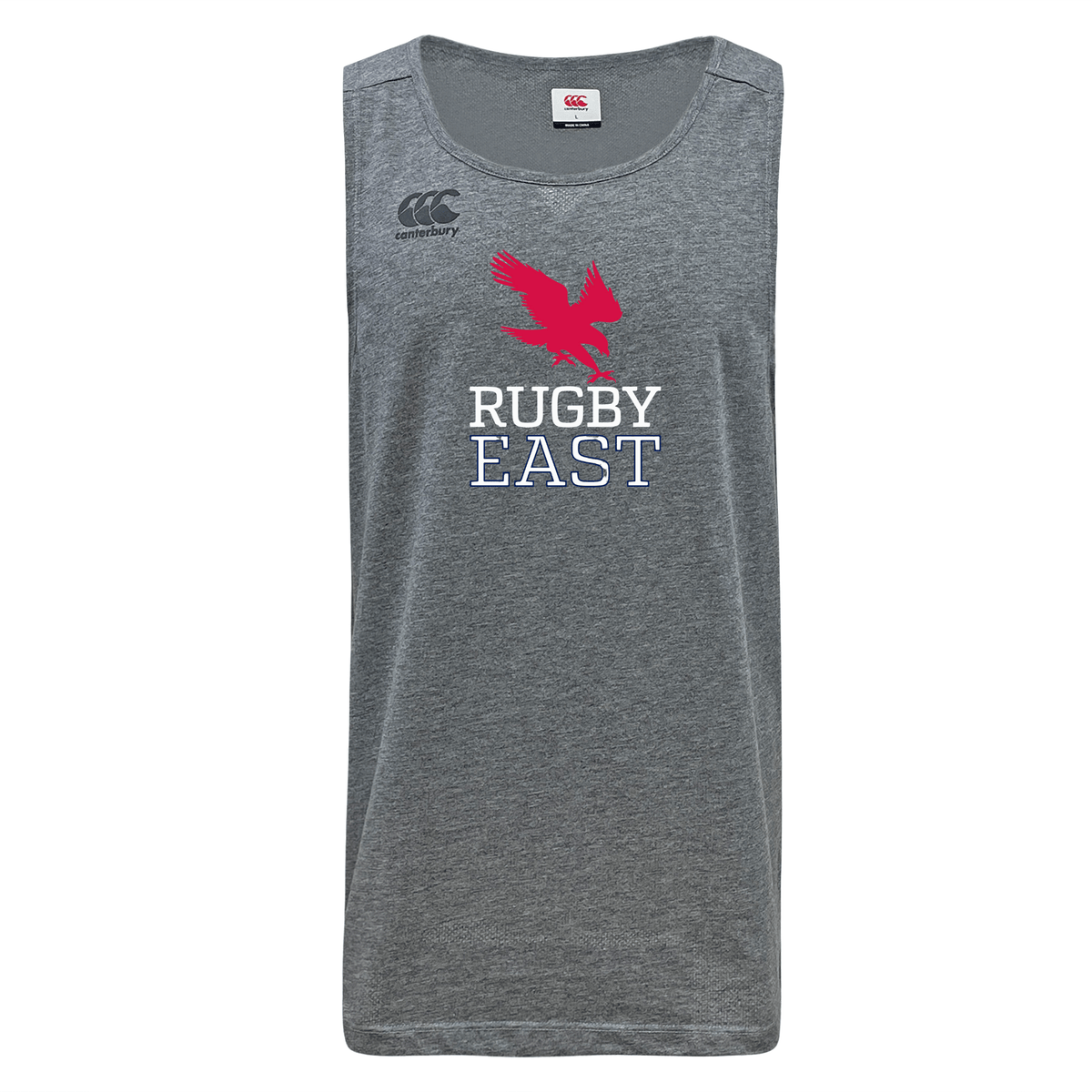Gray sleeveless Rugby East Conference Tempo Vapodri Singlet by WRS Canterbury with a red eagle emblem above "Rugby East" text in white and blue on the front. Made from recycled polyester, it features VapoDri technology for superior moisture management. Logo of WRS Canterbury brand in black.
