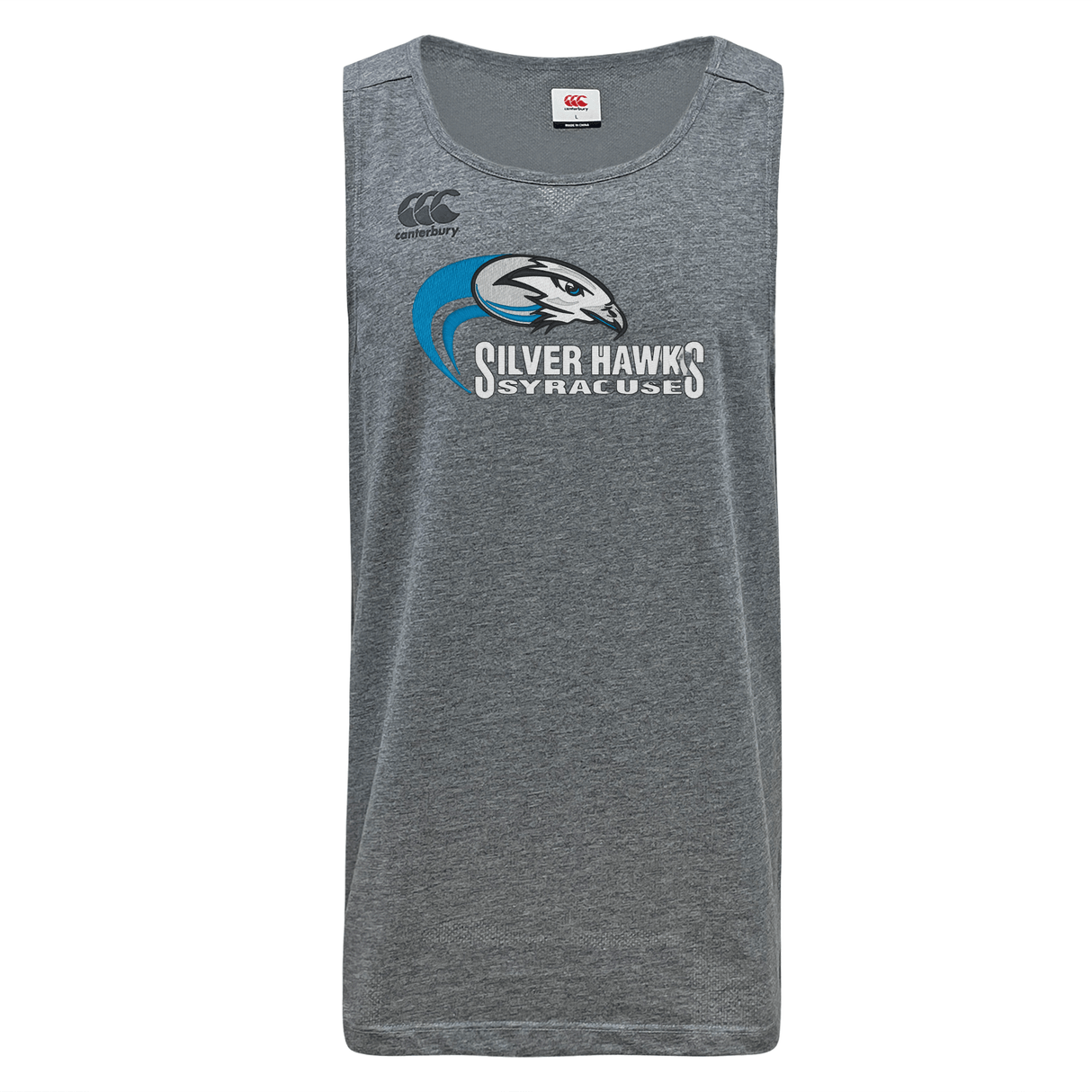 Gray sleeveless athletic shirt crafted from recycled polyester, featuring "Silver Hawks Syracuse" and a bird logo on the front. The moisture-wicking VapoDri technology ensures you stay dry and comfortable during your workout, available as the Syracuse Silver Hawks Tempo Vapodri Singlet by WRS Canterbury.