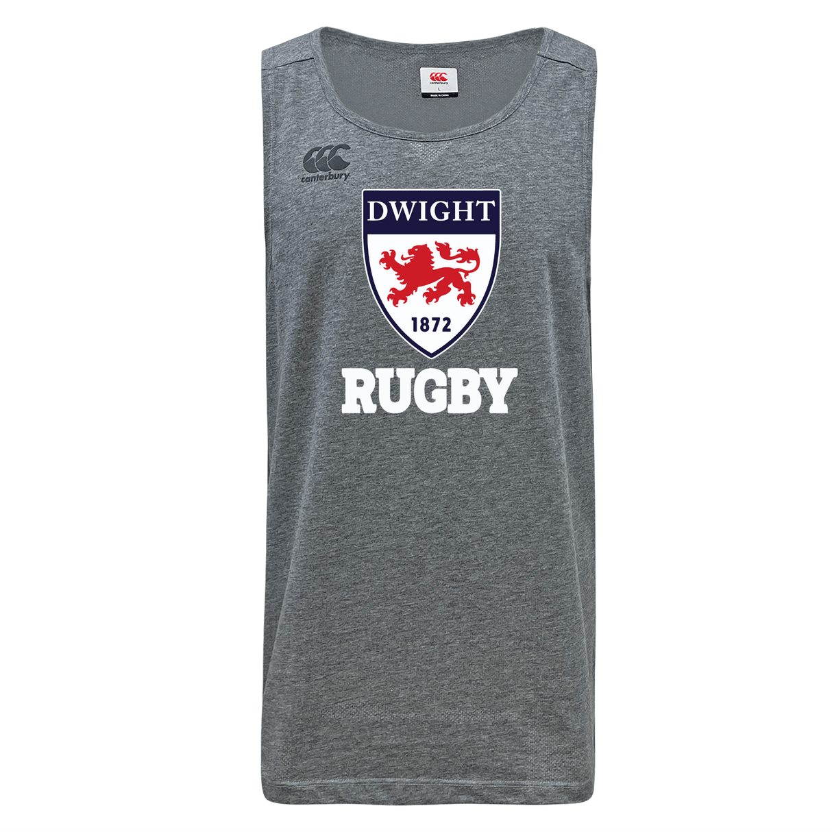 Gray sleeveless Dwight Rugby Tempo VapoDri Singlet rugby jersey by WRS Canterbury featuring the logo "dwight 1872 rugby" and a red heraldic lion crest.