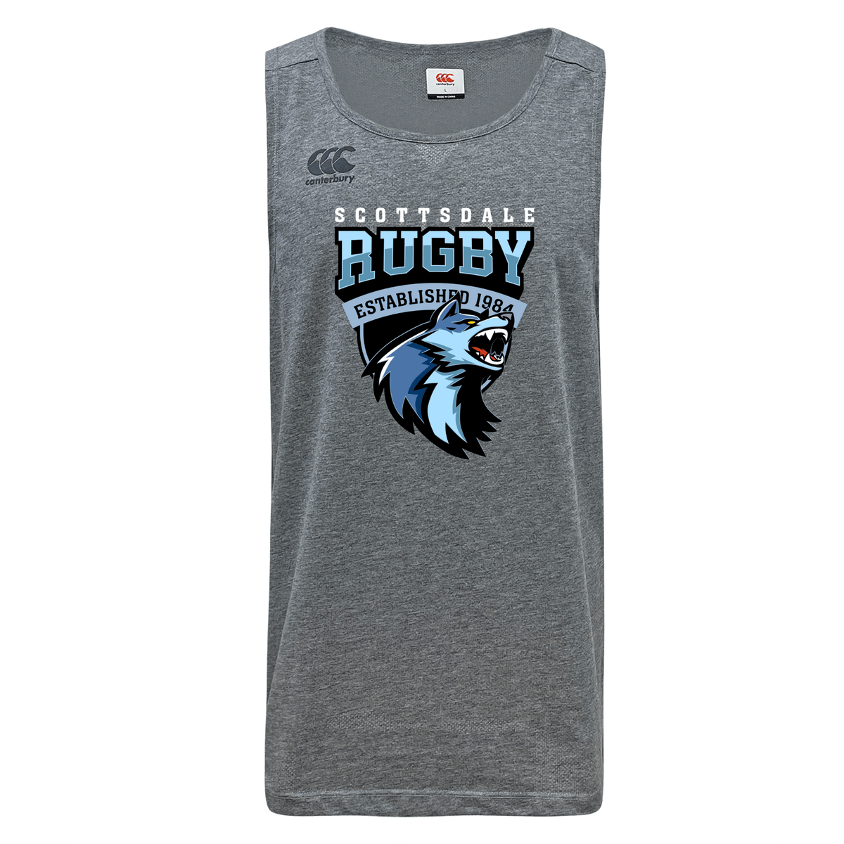Gray sleeveless Scottsdale Rugby Tempo VapoDri Singlet featuring a "Scottsdale Rugby" logo with a stylized blue wolf head, established 1984, by WRS Canterbury.