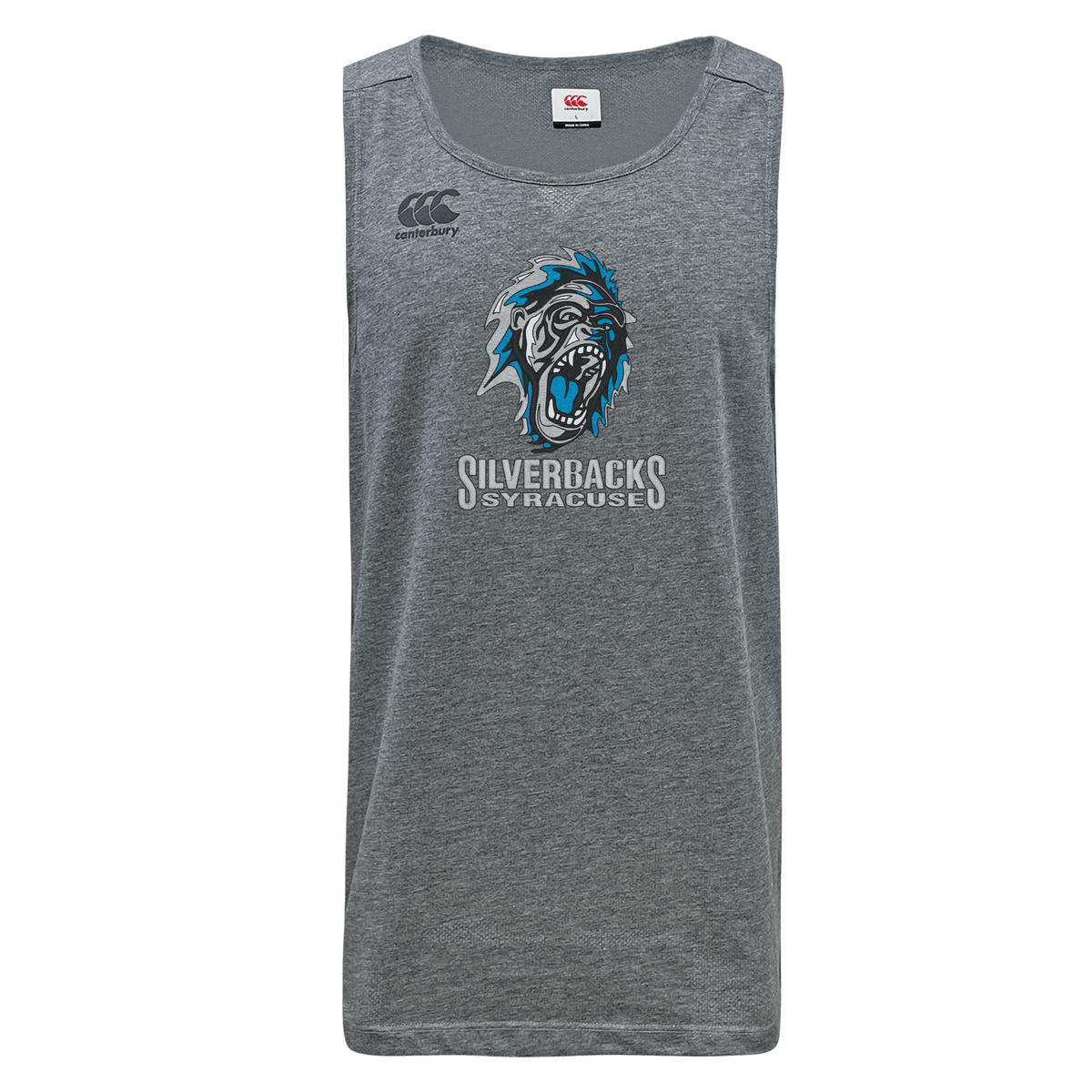Syracuse Silverbacks Tempo Vapodri Singlet by WRS Canterbury featuring a blue and white gorilla logo with the text "SILVERBACKS SYRACUSE," made from recycled polyester with VapoDri technology, and the Canterbury logo on the upper left side.