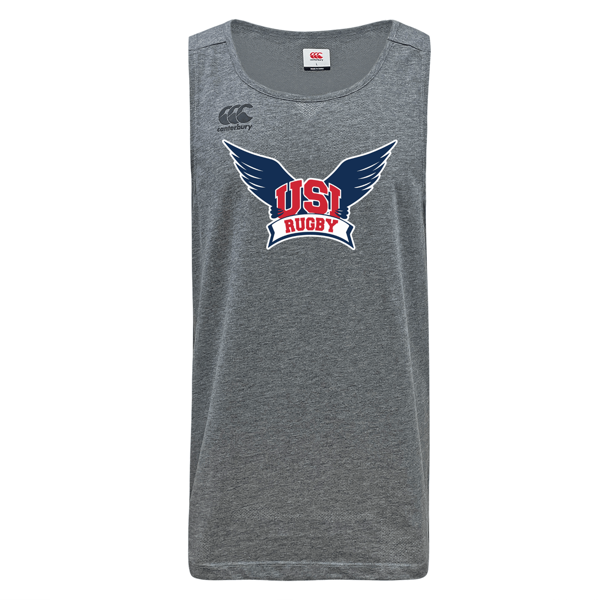 University of Southern Indiana Tempo Vapodri Singlet by WRS Canterbury, featuring "USI Rugby" and an eagle emblem on the front, made from recycled polyester with VapoDri technology for ultimate comfort.