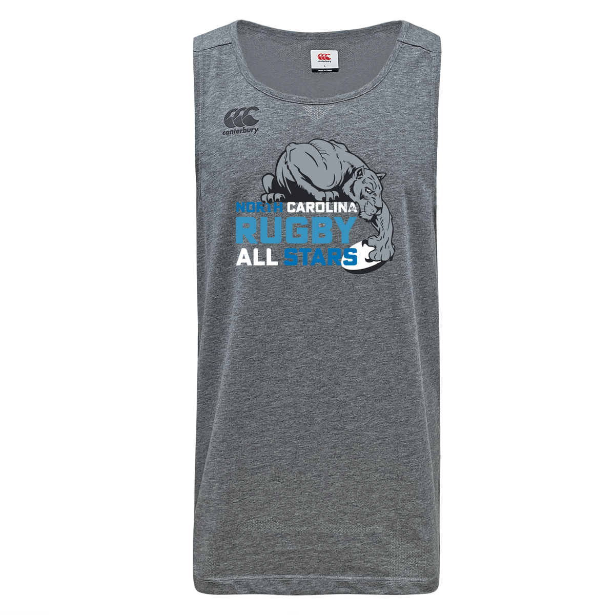 Gray sleeveless sports tank top featuring a "North Carolina Rugby All Stars" logo with a graphic of a bulldog on the front, made from moisture-wicking recycled polyester. This is the NC All Stars Tempo Vapodri Singlet by WRS Canterbury.