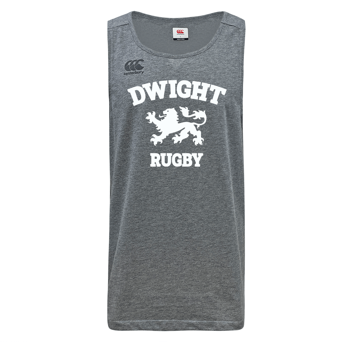 Grey sleeveless shirt made from recycled polyester singlet material, featuring "Dwight Rugby" and a lion logo printed in white on the front. This quick-drying fitness wear incorporates Vapodri technology for superior moisture management. Product: Dwight Rugby White Logo Tempo Vapodri Singlet by WRS Canterbury.