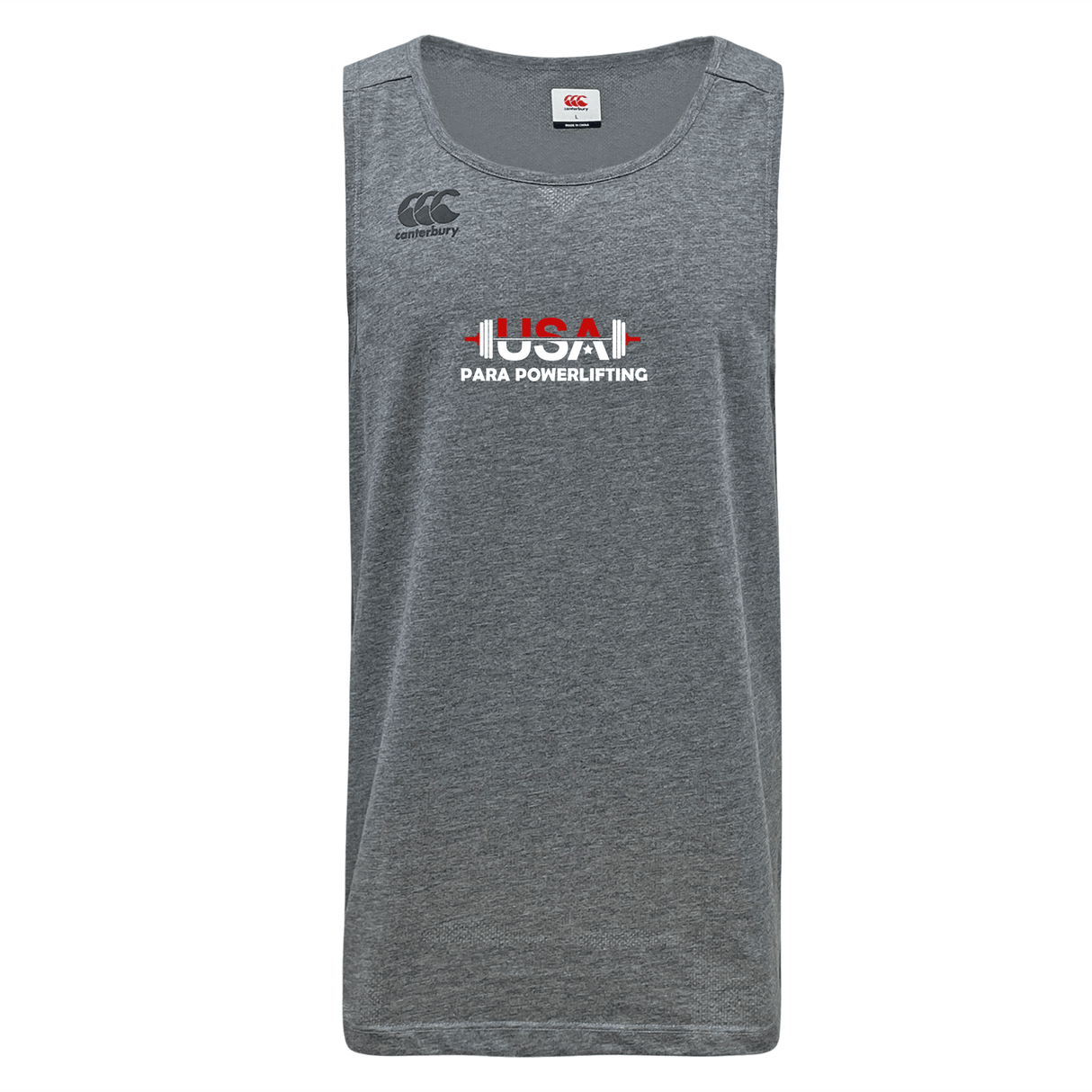 The USA Para Powerlifting Tempo Vapodri Singlet by WRS Canterbury is a gray sleeveless athletic shirt made from recycled polyester, featuring moisture-wicking VapoDri tech and "USA Para Powerlifting" with logo printed on the front.