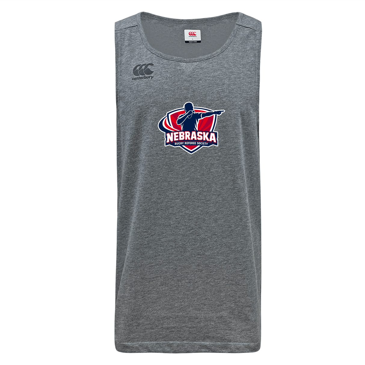 The Nebraska Rugby Referee Society Tempo Vapodri Singlet by WRS Canterbury is a gray, moisture-wicking, recycled polyester athletic shirt with "Nebraska" rugby logo in red, white, and blue and a small CCC logo on the shoulder.