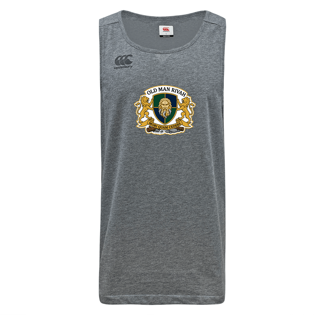 The Old Man Rivah Rugby Tempo Vapodri Singlet by WRS Canterbury is a grey sleeveless tank with the club crest centered and Canterbury logo on the upper left, made from recycled polyester for moisture-wicking comfort.