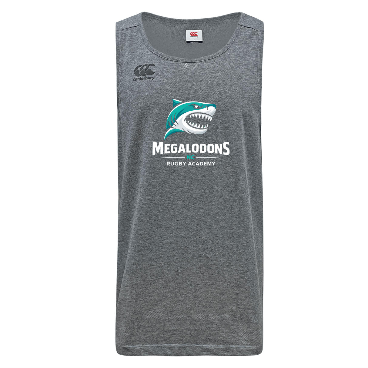 The NC Rugby Academy - Megalodons Tempo Vapodri Singlet by WRS Canterbury is a gray, sleeveless top made from moisture-wicking recycled polyester, featuring a stylized shark and "Megalodons NC Rugby Academy" on the front.