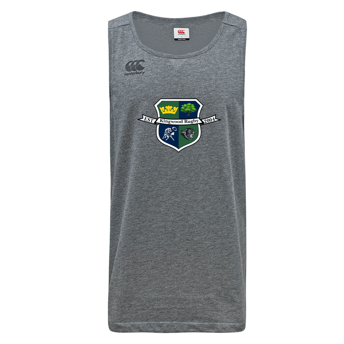The Kingwood Rugby Tempo Vapodri Singlet by WRS Canterbury features a moisture-wicking recycled polyester build, with the Kingwood Rugby crest and Canterbury logo.