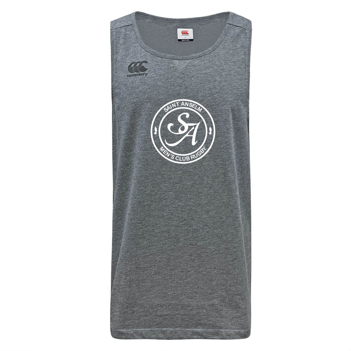 The WRS Canterbury Saint Anselm College Club Rugby Tempo Vapodri Singlet is a gray, sleeveless, moisture-wicking top made from recycled polyester, featuring “Saint Anselm Men's Club Rugby” and the “SA” logo in white on the front.