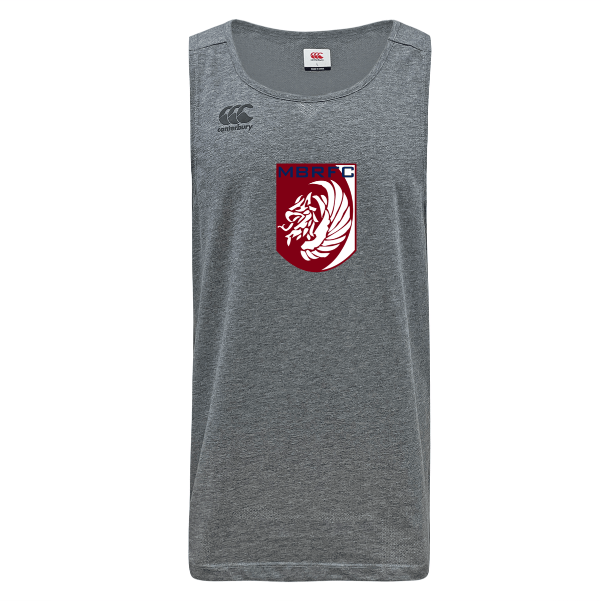 The Montgomery Bucks Griffins Tempo VapoDri Singlet by WRS Canterbury is a gray sleeveless athletic shirt with a maroon and white lion crest and "MBRFC" on the chest, Canterbury logo on the left shoulder, and moisture-wicking VapoDri tech.