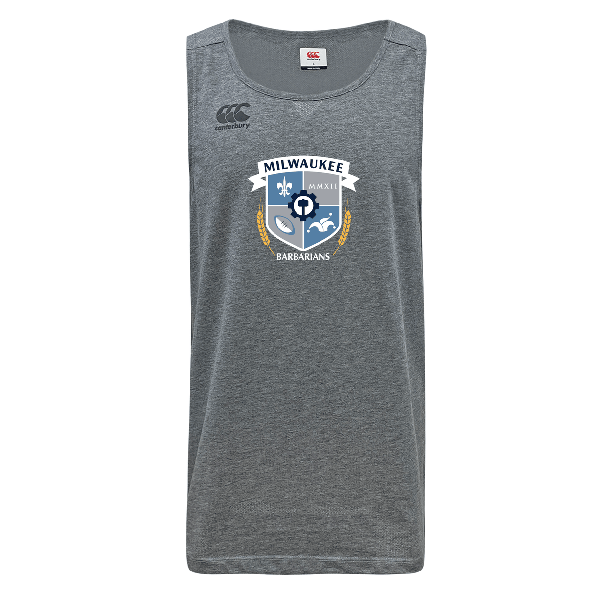 The Milwaukee Barbarians Rugby Tempo Vapodri Singlet by WRS Canterbury is a gray sleeveless shirt made from moisture-wicking recycled polyester, featuring the team's crest logo in white, blue, and gold on the chest.