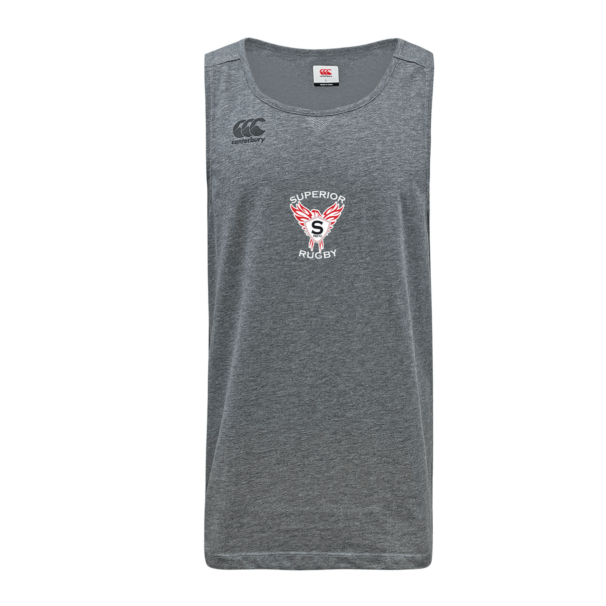 The Superior Rugby Club Tempo Vapodri Singlet by WRS Canterbury is a gray sleeveless shirt with the Canterbury logo and "Superior Rugby" emblem, made from recycled polyester and VapoDri tech to keep you cool and dry.