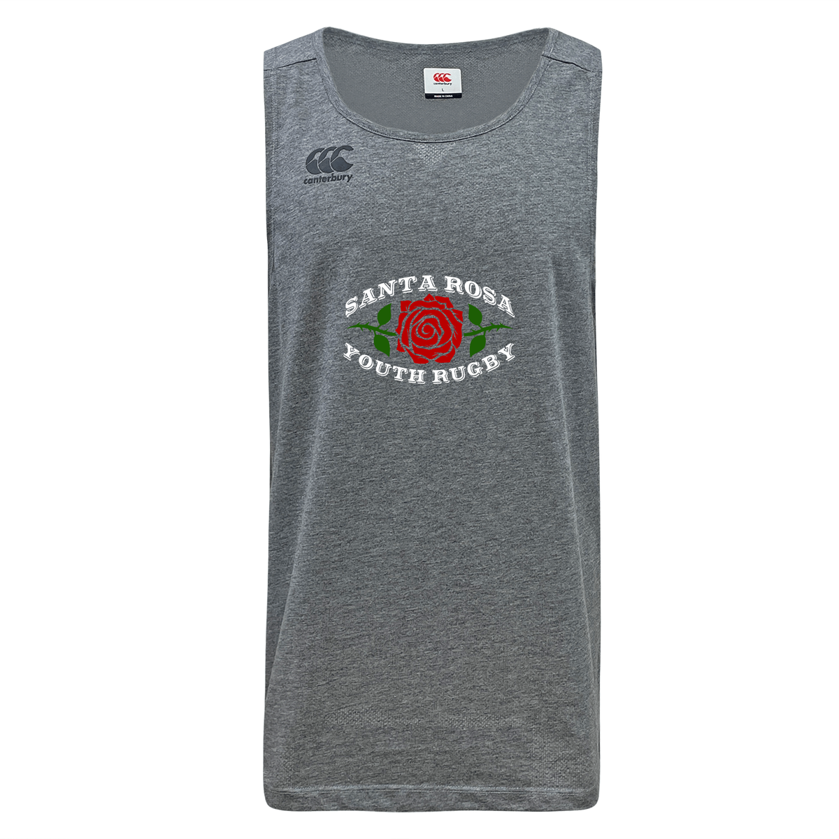 Introducing the Santa Rosa Youth Rugby Tempo Vapodri Singlet by Canterbury—a gray athletic tank top made from recycled polyester and featuring the bold “Santa Rosa Youth Rugby” logo alongside a vibrant red rose graphic on the chest. Crafted as a CCC Tempo Singlet, it incorporates Canterbury’s signature VapoDri technology for advanced moisture management and is finished with the iconic Canterbury logo on the right shoulder. Brand: WRS Canterbury.