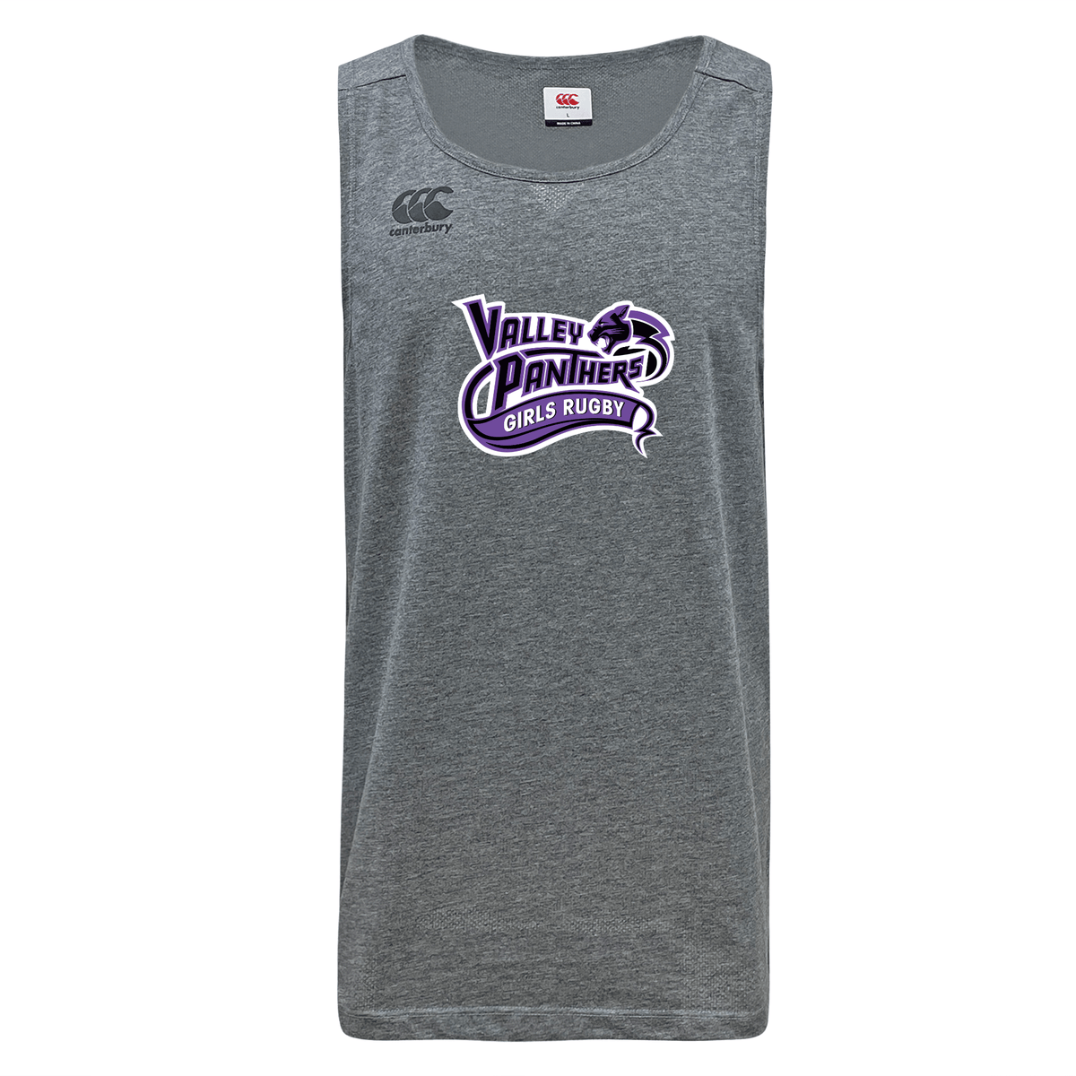 The Valley Panthers Girls Rugby Tempo Vapodri Singlet by WRS Canterbury is a gray sleeveless athletic shirt made from recycled polyester, featuring “Valley Panthers Girls Rugby” and a panther logo in purple and white on the front.