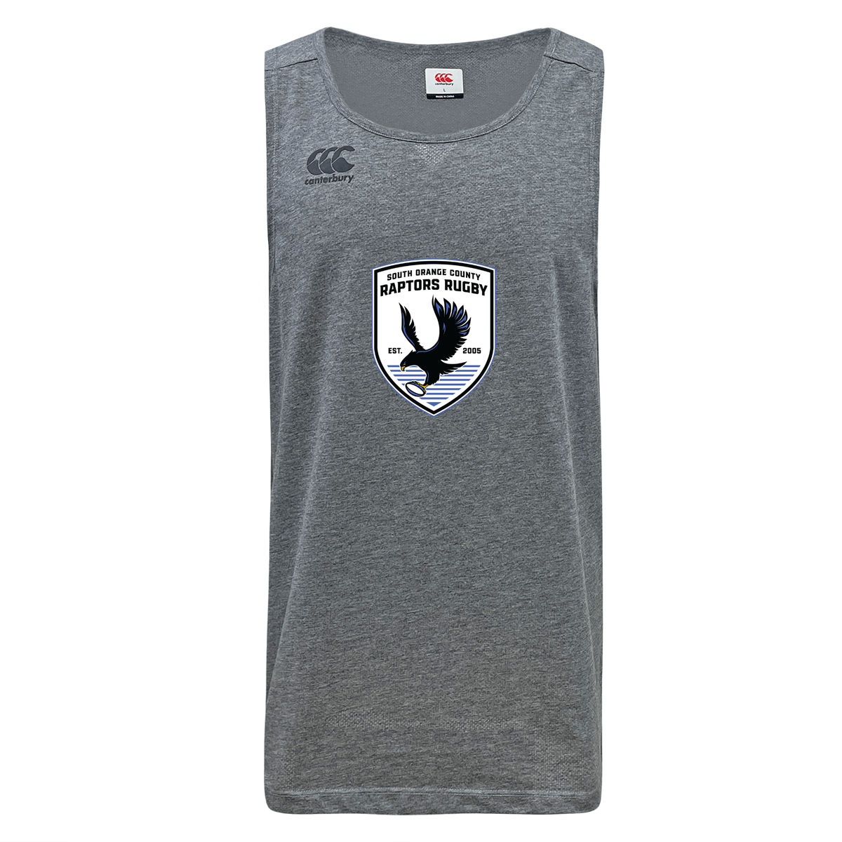 South Orange County Raptors Tempo Vapodri Singlet by WRS Canterbury: a gray sleeveless rugby jersey made from recycled polyester, featuring advanced moisture-wicking VapoDri technology with the Canterbury logo and “South Orange County Raptors Rugby” crest—complete with an eagle and rugby ball—on the front.