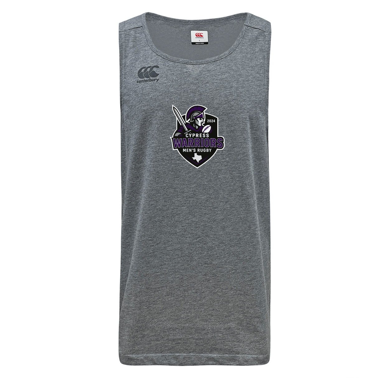 The Cypress Warriors Men's Rugby Tempo Vapodri Singlet by WRS Canterbury is a gray sleeveless athletic shirt with the team logo, warrior graphic, and Canterbury branding, made from moisture-wicking recycled polyester.
