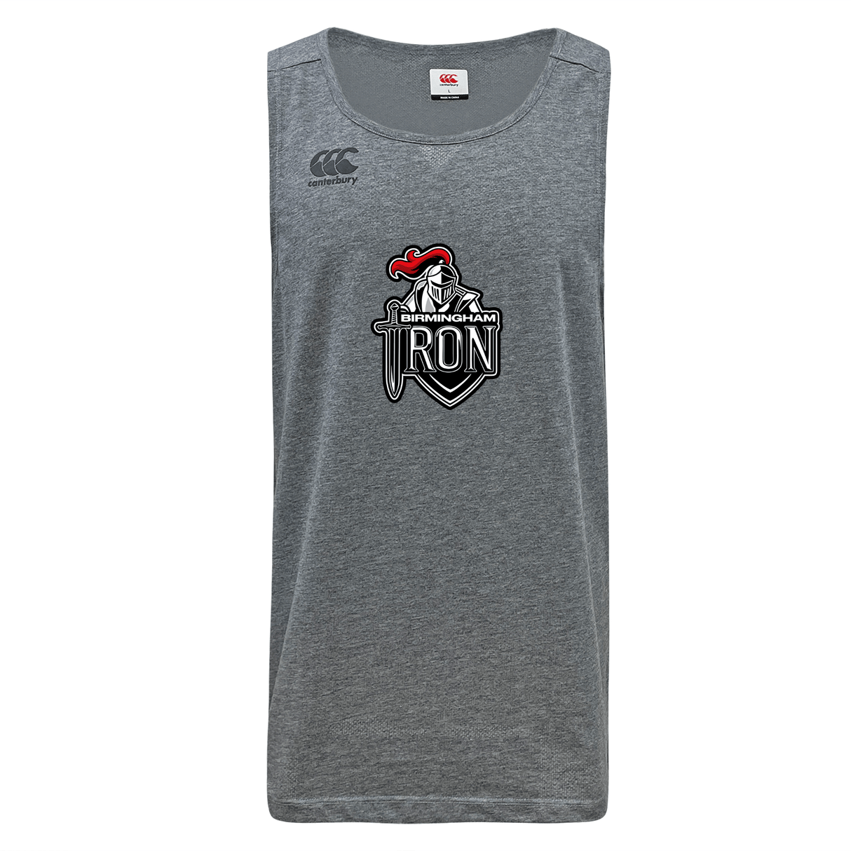 The Birmingham Iron Women's Football Tempo Vapodri Singlet by WRS Canterbury is a gray, sleeveless athletic top with the team logo on the front, crafted from eco-friendly recycled polyester for moisture-wicking comfort.