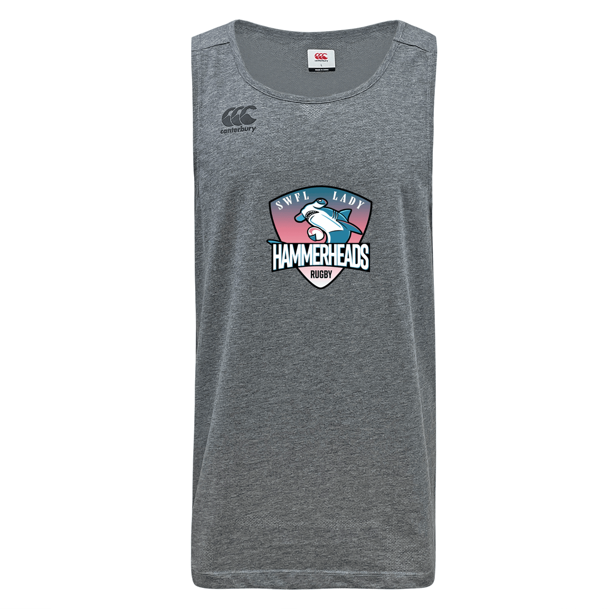 Stay cool and dry during tough workouts in the SWFL Lady Hammerheads Tempo Vapodri Singlet by WRS Canterbury, a gray sleeveless athletic top with the team logo and a small Canterbury logo on the chest.