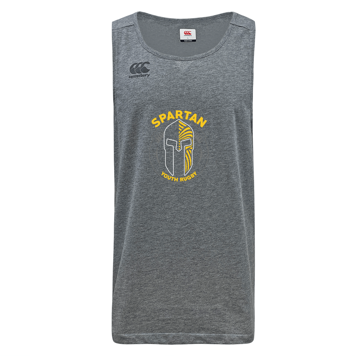 The Spartan Youth Rugby Tempo Vapodri Singlet by WRS Canterbury is a gray, sleeveless athletic shirt made from moisture-wicking recycled polyester, featuring "SPARTAN YOUTH RUGBY" and a Spartan helmet logo on the front.