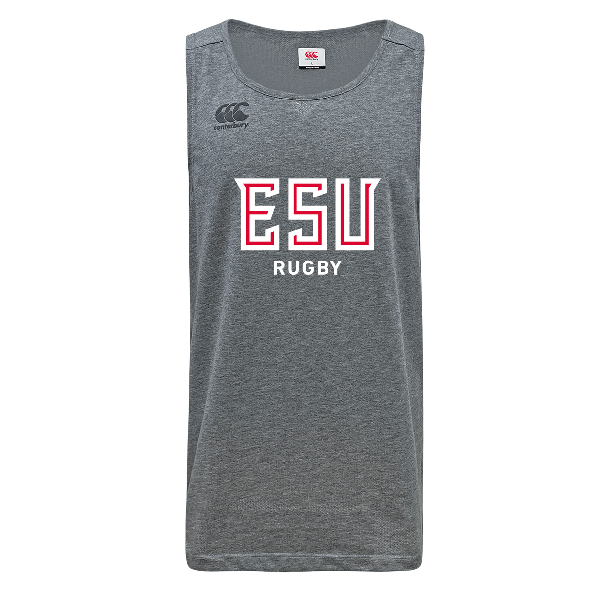 The East Stroudsburg University Tempo Vapodri Singlet by WRS Canterbury is a gray sleeveless workout tank with "ESU Rugby" in white and red on the front, Canterbury logo on the upper left, made from recycled polyester for comfort and durability.
