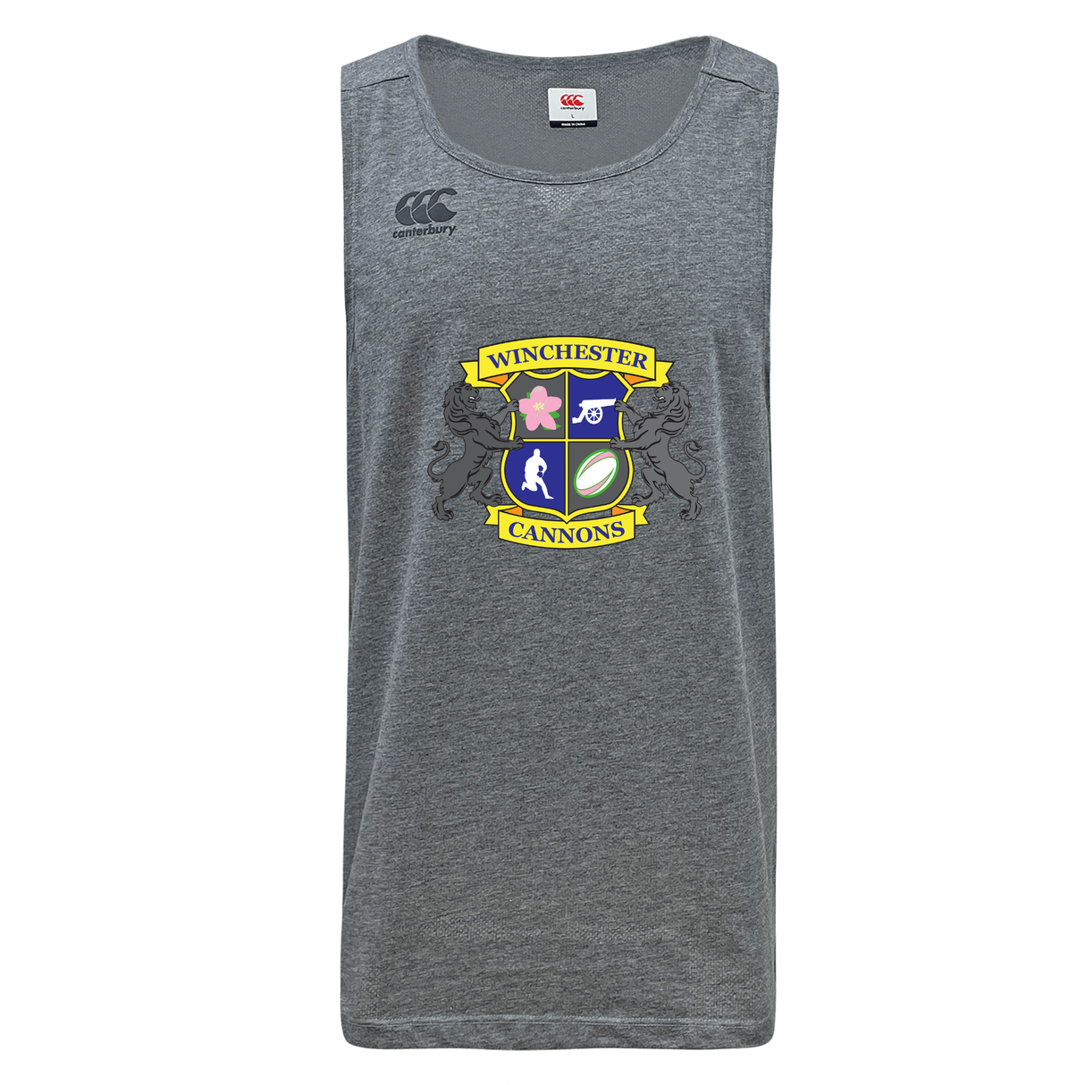 The WRS Canterbury Winchester Cannons Tempo Vapodri Singlet is a gray, moisture-wicking running tank top featuring the team crest with sports icons on a yellow and blue shield across the front.