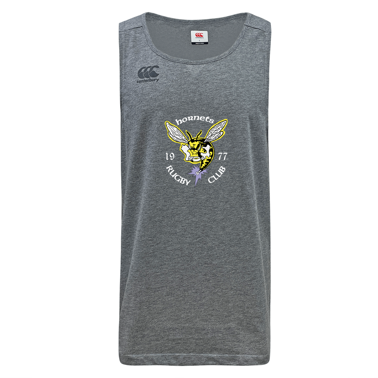 The Hornets Rugby Club 1977 Tempo Vapodri Singlet by WRS Canterbury is a gray tank top crafted from recycled polyester, featuring "Hornets Rugby Club 1977" and a yellow hornet graphic on the front, with the Canterbury logo on the upper left. This VapoDri singlet delivers moisture-wicking performance to keep you cool and comfortable.