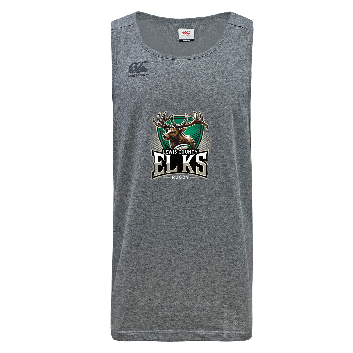 Gray sleeveless athletic tank top made from recycled polyester, featuring the “Lewis County Elks Rugby” logo and antlered elk graphic on the chest; WRS Canterbury Lewis County Elks Tempo Vapodri Singlet by Canterbury, with brand logo on the top left.
