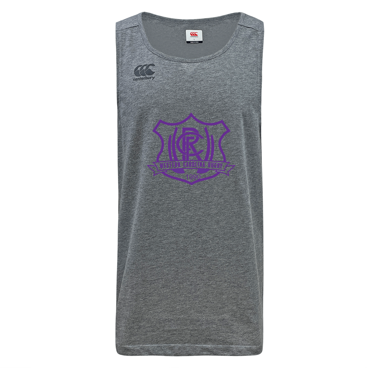 Grey moisture-wicking Western Carolina University Tempo Vapodri Singlet with a purple logo on the chest.