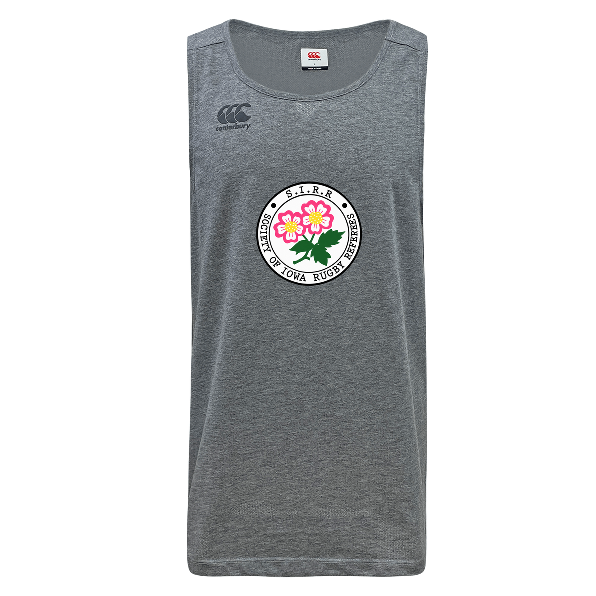 WRS Canterbury Society of Iowa Rugby Referees Tempo Vapodri Singlet: a gray sleeveless athletic top made from recycled polyester, featuring CCC’s Tempo Singlet design with VapoDri technology for superior breathability. The circular logo at the center showcases pink flowers and Japanese text, along with English text reading “Rugby Football Union of Osaka.”.