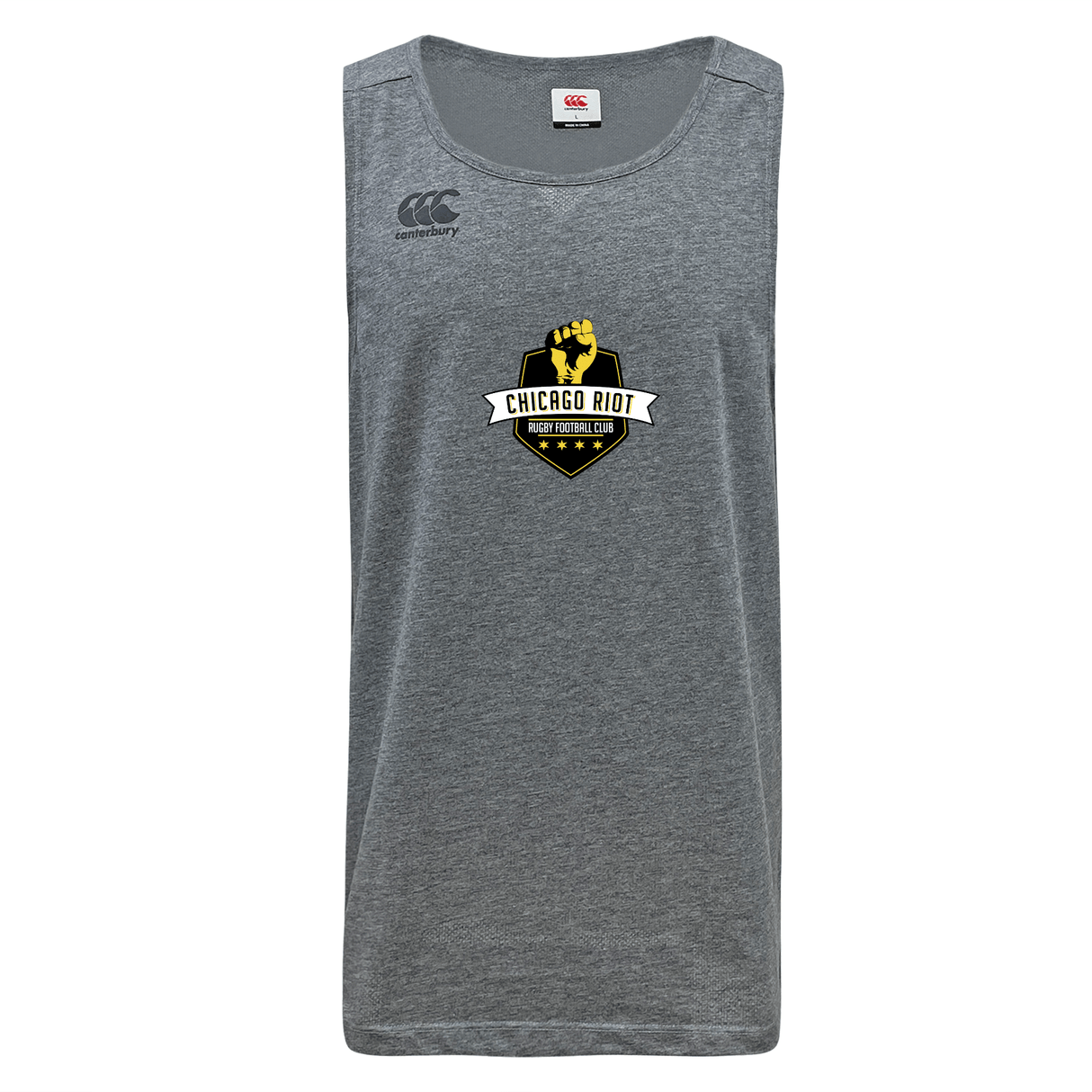 The Chicago Riot Tempo Vapodri Singlet by WRS Canterbury is a gray sleeveless athletic top made with recycled polyester, featuring the “Chicago Riot Rugby Football Club” logos and a Canterbury logo on the upper left shoulder.