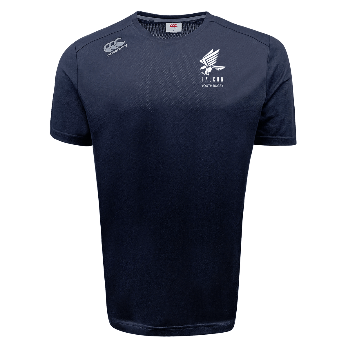 This navy rugby jersey by EMB Canterbury features the "Falcon Youth Rugby" logo and incorporates VapoDri technology for enhanced moisture-wicking.